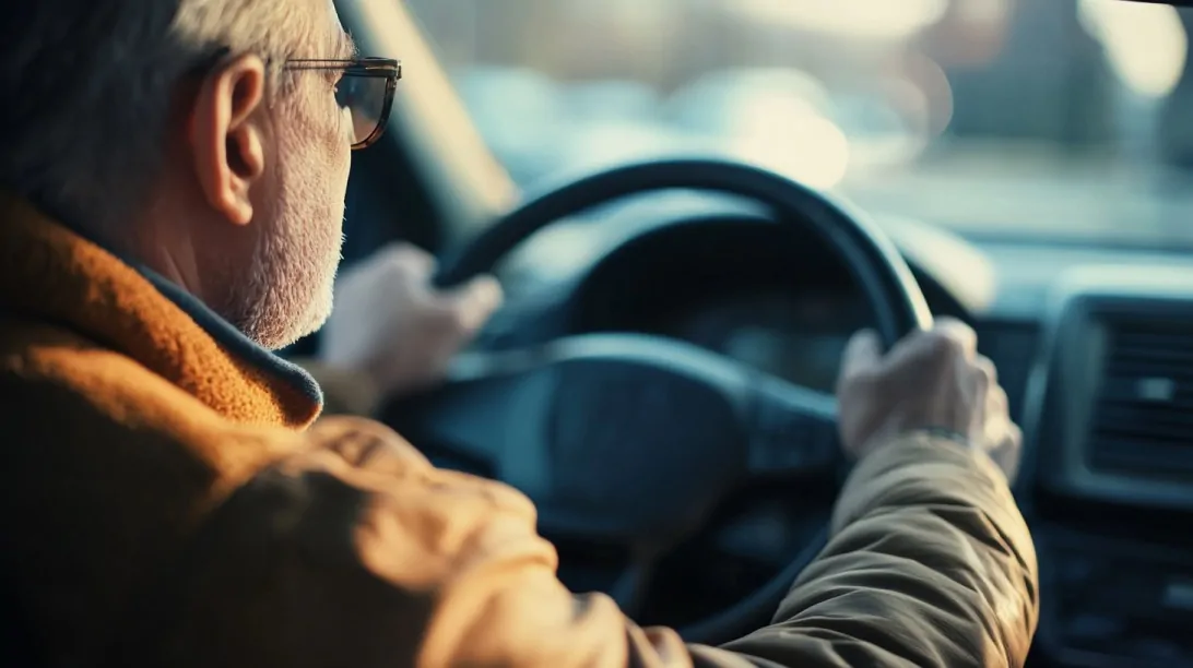Stariji muškarac vozi automobil, držeći obe ruke na volanu